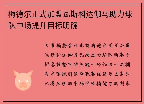 梅德尔正式加盟瓦斯科达伽马助力球队中场提升目标明确 梅德尔正式加盟瓦斯科达伽马助力球队中场提升目标明确