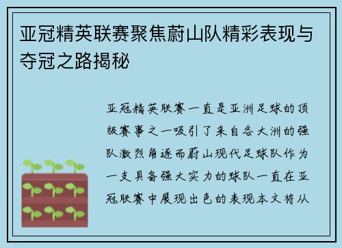 亚冠精英联赛聚焦蔚山队精彩表现与夺冠之路揭秘